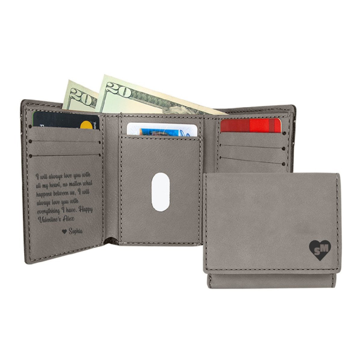 Personalized Trifold Wallets — The Heart azgift.us Inside & Cover Gray 
