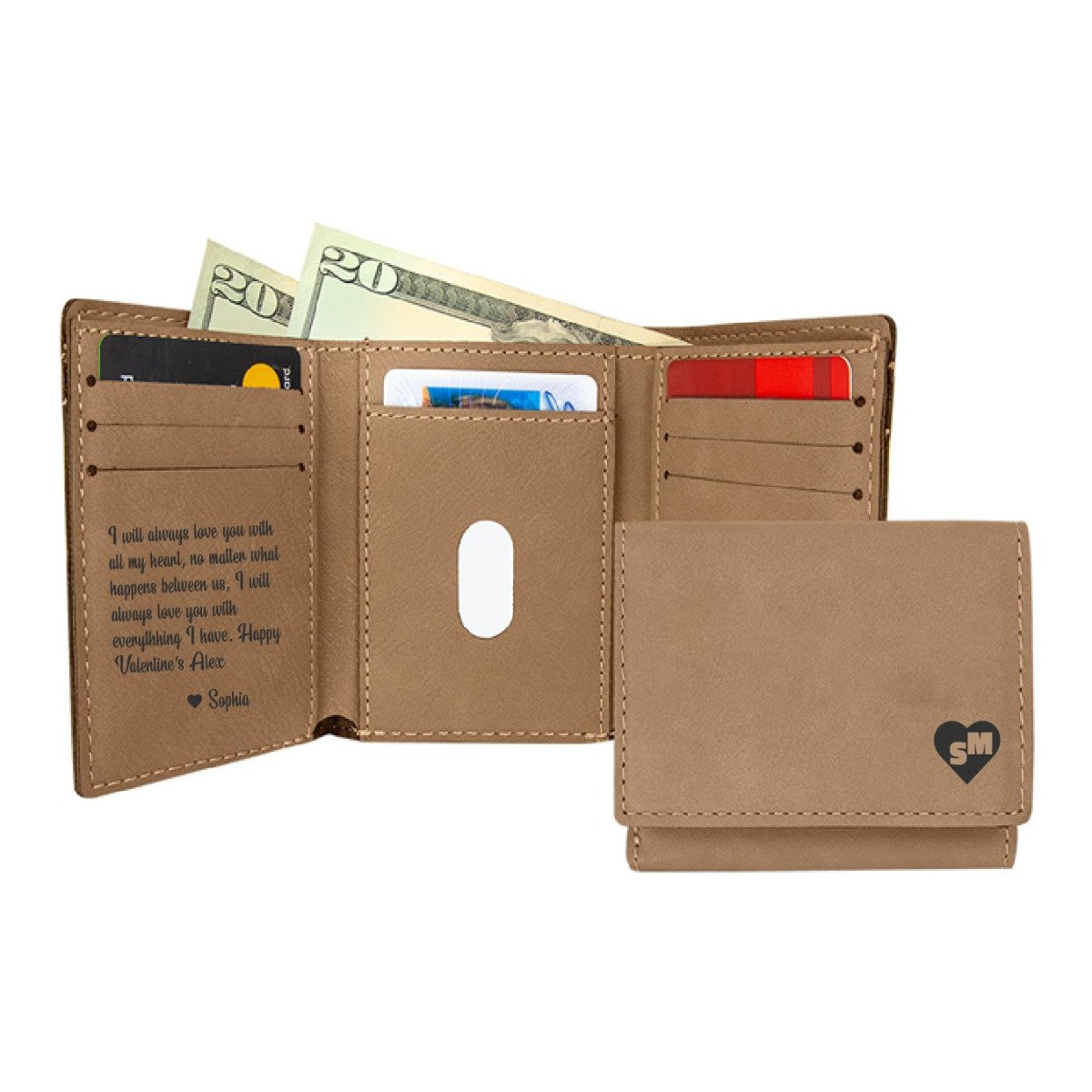 Personalized Trifold Wallets — The Heart azgift.us Inside & Cover Tan 